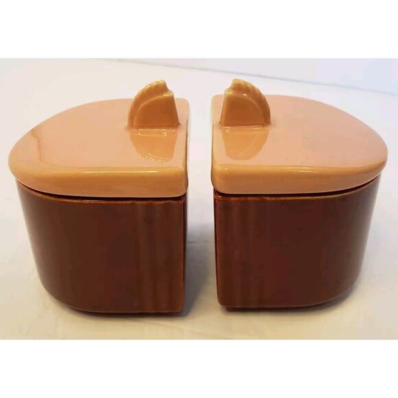 Vintage Art Deco Franciscan Ware Condiment Jars w/ Lids Underplate Pink & Maroon - Picture 3 of 13